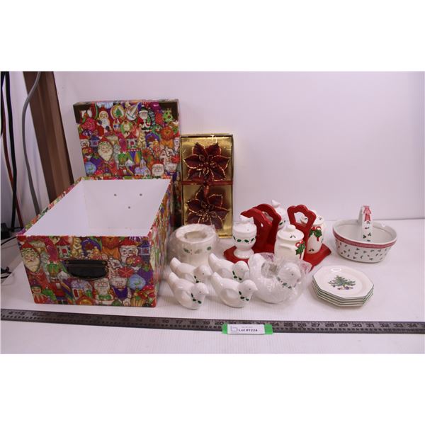 (2) Christmas Themed Salt & Pepper Shakers With Bases, Set Napkin Holders, Floating Candles, Small P