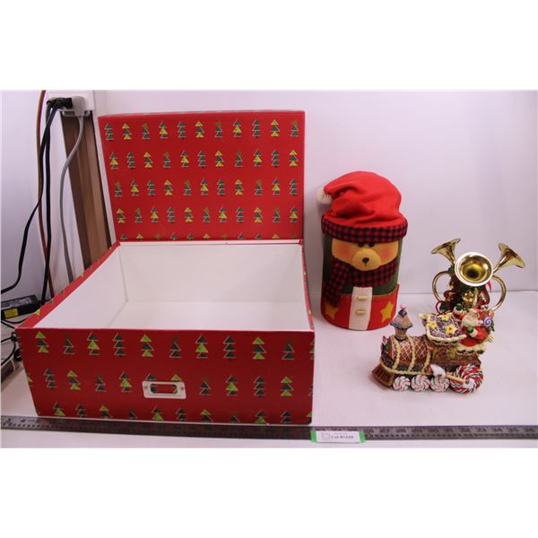 Christmas Theme Cookie Jar, Santa Train Ornament, Trumpets Ornament, Storage Box 18" x 18" x 7"