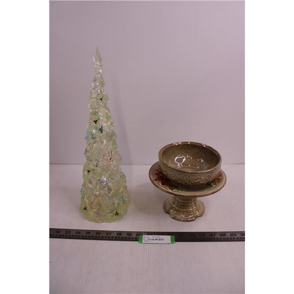 Ornamental Light-Up Christmas Tree 17" Tall - No Plug-in, Ornamental Ceramic Raised Platter & Bowl S