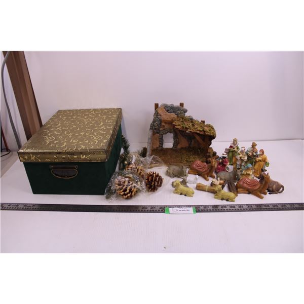 Christmas Nativity Scene Set 19-Piece, Pinecone Ornaments, Storage Box 10" x 13.5" x 6.5"