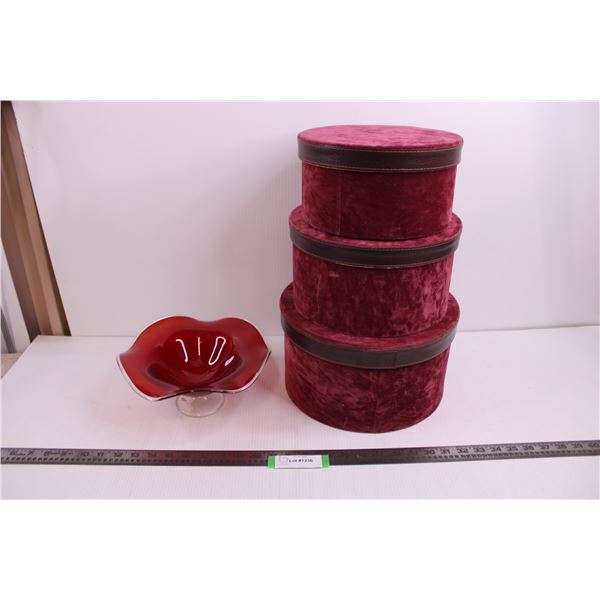 Red Glass Centerpiece Candy Dish 9.5", 3 Piece Nesting Round Storage Bins
