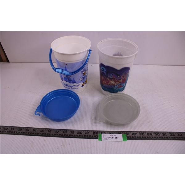 (2) Popcorn Plastic Buckets With Lids (Walt Disney World, Fantasmic)