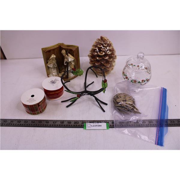 Assorted Christmas Themed Ornaments (Candles, Ribbons, Tree Hanging Ornaments)