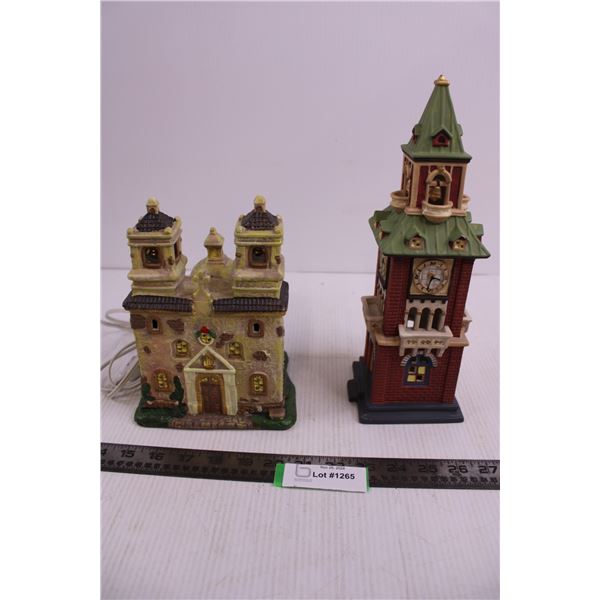 (2) Ceramic Ornaments (Church - Lights Working, Clock Tower)