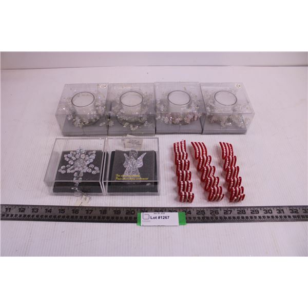 (4) Centerpiece Candles (NIB), Seasonal Table Decor (NIB), Hanging Ornaments