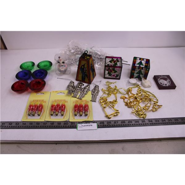 Variety Christmas Tree Ornaments, Candle Holders, Flame Bulbs (NIB), Dairy Queen Birthday Ornament, 