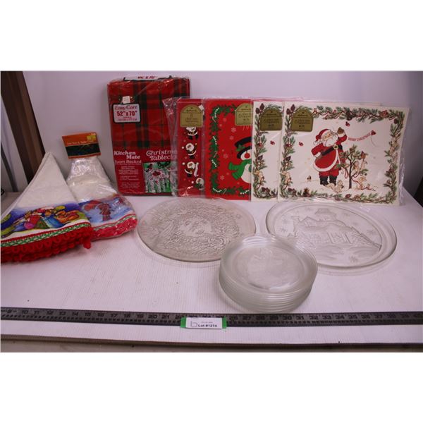 (2) Glass Serving Platters, (8) Glass Plates, (2) Tree Skirts, Placemats (NIB), Tablecloth (NIB)
