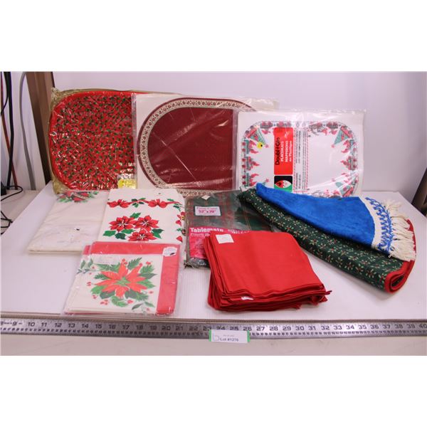 Assorted Christmas Themed Table Linens (Placemats, Table Cloths, Napkins, Runners, Tree Skirts)