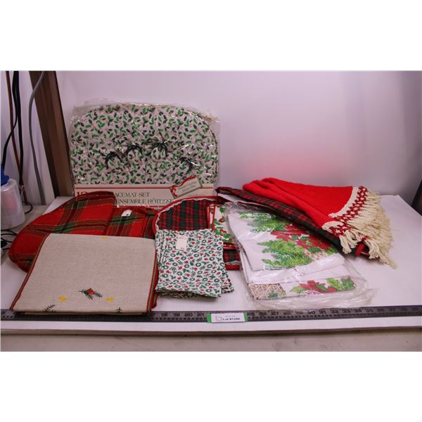 Assorted Christmas Themed Table Linens (Placemats, Table Cloths, Runners, Napkins, Tree Skirts) Many