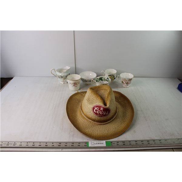 Coors Cowboy Hat & (4) Tea Cups and and Cream and Sugar Set