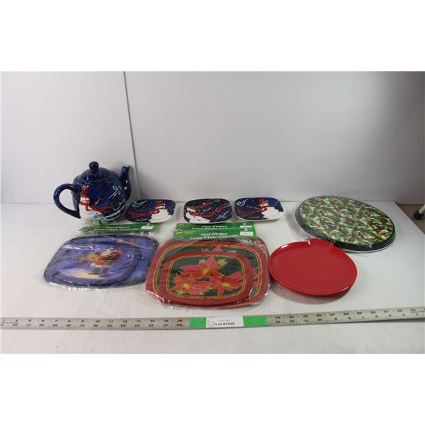 Christmas Lot- Teapot Set, Hot Plates, Misc.