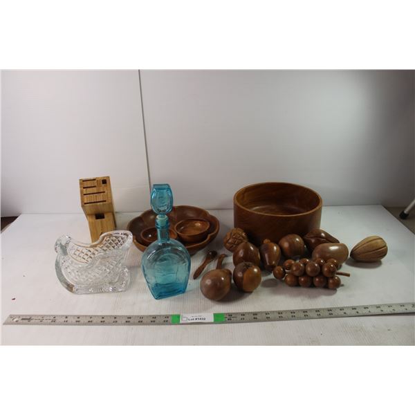 Wooden Fruit Set, Knife Block, Blue Glass Decanter, Glass Sleigh Candy Dish