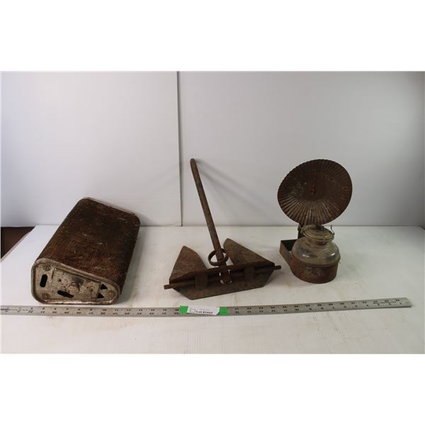 Vintage Boat Anchor, Antique Foot Warmer, Oil Lamp