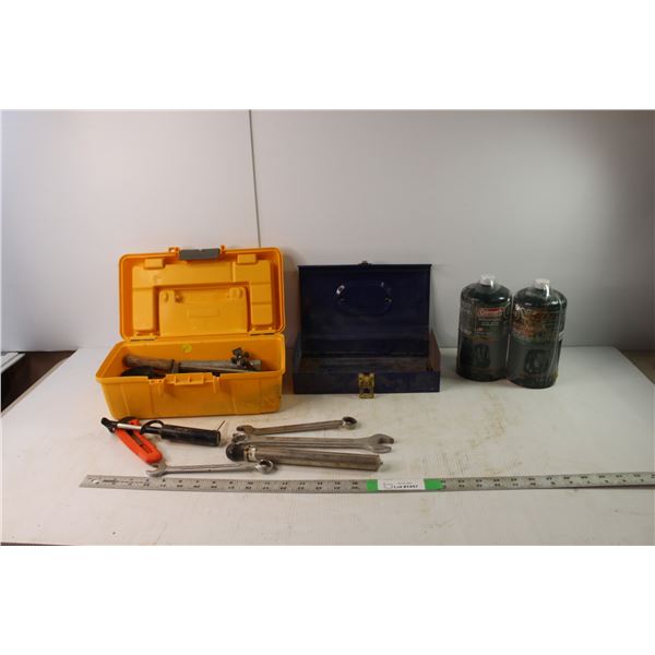 (2) Tool Boxes, (11) Wrenches, (2) Propane Containers