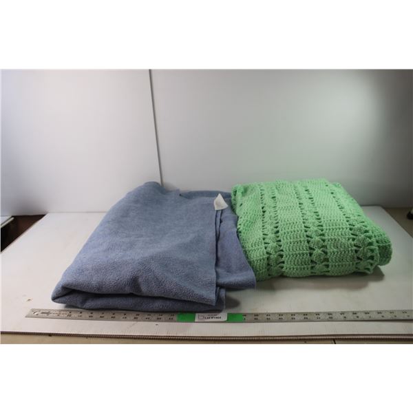 (2) Blankets, Some Staining- Green Crocheted Approx. 53" x 45", Blue 64" x 82"