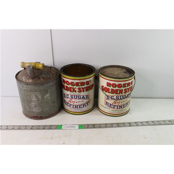 (2) Rogers' Golden Syrup Tins, Vintage Gas Can