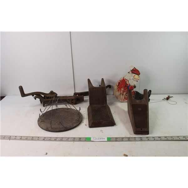 Gymnastics Santa Clause, (2) Boot Jacks, Camp Stove Toaster, Antique Pacific Rim Tool