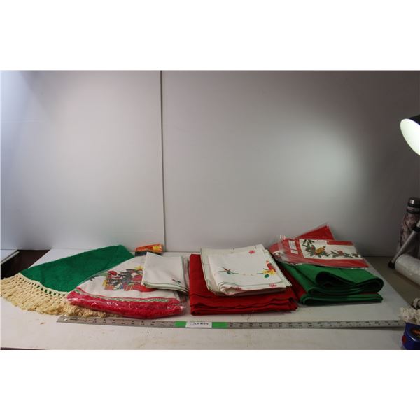 (4) Tree Skirts, Various Sized Tablecloths, Misc.