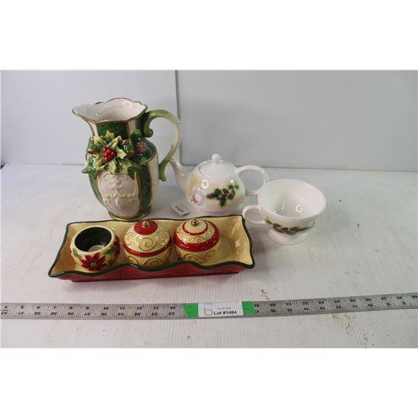 (3) Candle Holders, Tea Pot  and Cup in One & Christmas Pitcher