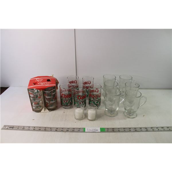 (15) Christmas Glasses (Coca-Cola) & (2) Tealight Candles with Holders
