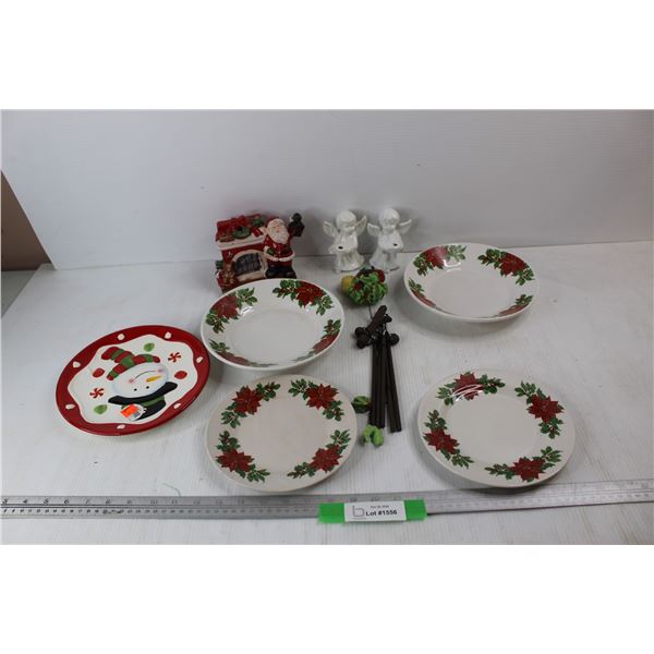 Lot Of Various Christmas Themed Items, (5) Various Plates, Wind Chimes, Misc.