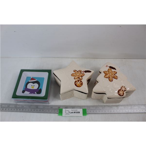(2) Ceramic Themed Candy Dishes, Star, Christmas Tree, (4) Small square Penguin Plates, 5'' x 5''