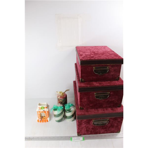 (3) Storage Boxes, (3) Candles w/ (1) Christmas Themed Fireplace Candle Holder
