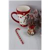 Image 2 : Lot Of Various Christmas Items, Ceramic Candy Cane Ornament, Snowman Coffee Cup, Gift Box, 10.5'' x 