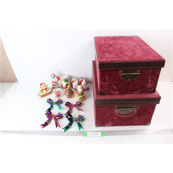 (2) Gift Boxes, Various Christmas Themed Ornaments, Candle Holders, Tree Decorations, Misc.