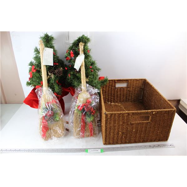 (2) Small Christmas Trees, 23'' Tall w/ Broom Decorations, Misc.