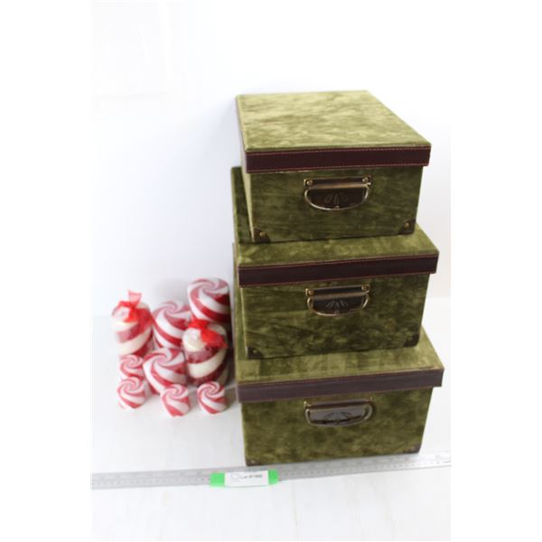 (3) Gift Boxes, (9) Candy Cane Themed Candles