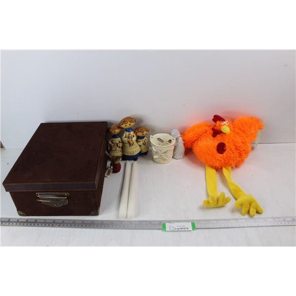 Gift Box, 9'' x 12'' x 5'' , (4) Various Ornaments, (2) Stick Like Candles, Misc.