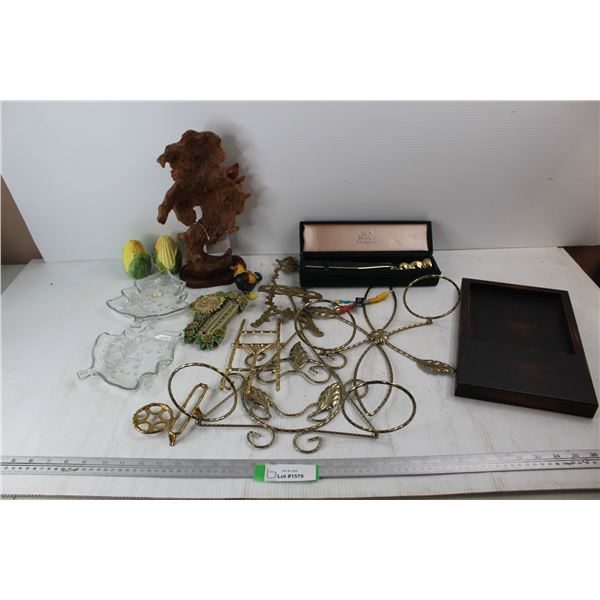 (2) Clear Glass Christmas Tree Shaped Candy Dishes, Corn Salt and Pepper Shakers, Misc.