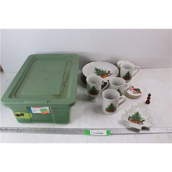 Various Happy Holidays Papel Dishes, Rubbermaid Container, 11'' x 16'' x 6'' , Wooden Chess Charact