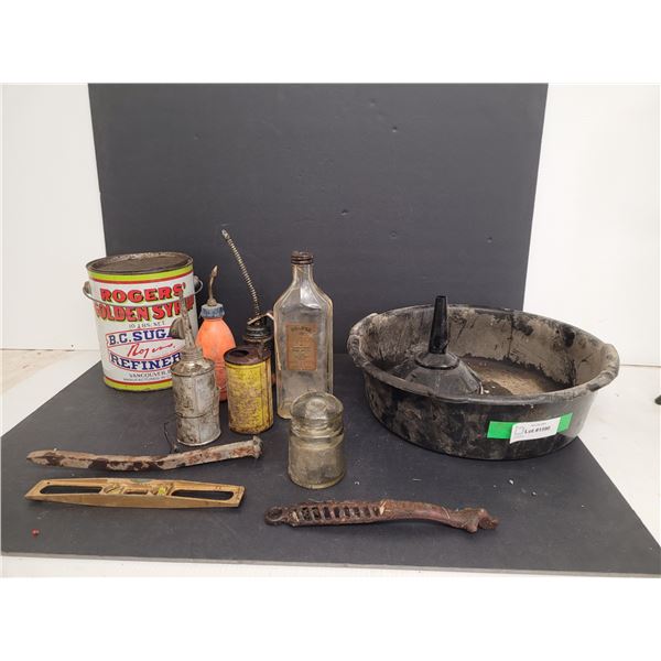 Lot Of Various Items, Vintage Rodgers Golden Syrup Pail, Oil Drip Pan, Funnel, Misc.
