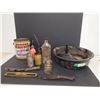 Image 1 : Lot Of Various Items, Vintage Rodgers Golden Syrup Pail, Oil Drip Pan, Funnel, Misc.