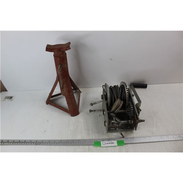 Metal 3 Legged Jack Stand, Hand Crank Winch- Both As Is