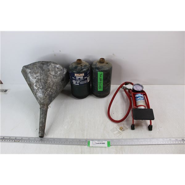Pit Stop Air Foot Pump w/ Needle End and Box, Galvanized Metal Funnel, (2) Small Propane Bottles