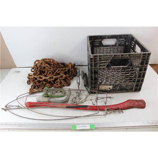 Wooden Axe Handle, Milk Crate, Chains, Misc.