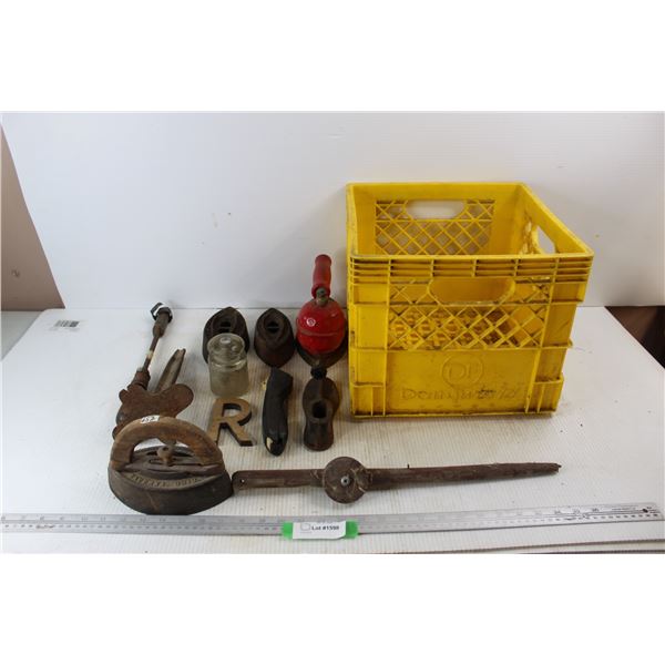 (4) Vintage Sad Irons, Gas Iron, Milk Crate, Vintage Ice Fishing Pole, Misc.