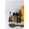 Image 2 : (4) Vintage Sad Irons, Gas Iron, Milk Crate, Vintage Ice Fishing Pole, Misc.