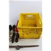 Image 3 : (4) Vintage Sad Irons, Gas Iron, Milk Crate, Vintage Ice Fishing Pole, Misc.