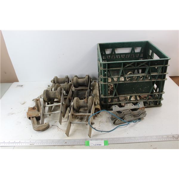 (8) Boat Trailer Rollers, Milk Crate, Misc.