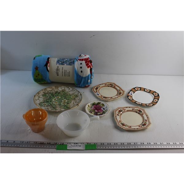 Floral Porcelain Plate Decor, Coral Fleece Throw, Tea Cup and Porcelain Royal Albert Plates