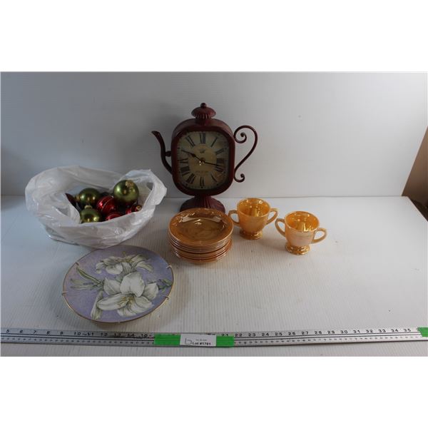 (10) Fire King Peach Luster Saucers and (2) Sugar Bowls, Desk Clock - As Is, Christmas Ornaments and