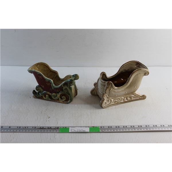 (2) Porcelain Christmas Sled Planters