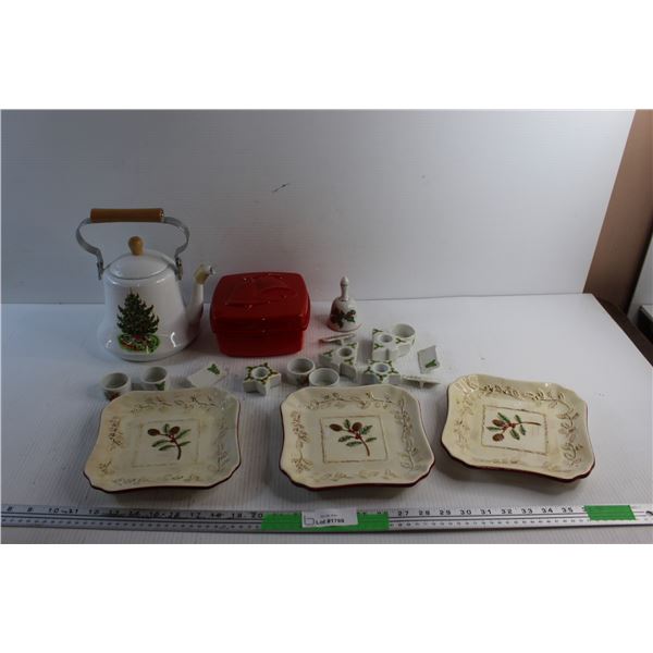 Christmas Enamel Tea Pot, Storage Container, Porcelain Plates, Candle Holders and Bell