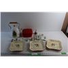 Image 1 : Christmas Enamel Tea Pot, Storage Container, Porcelain Plates, Candle Holders and Bell