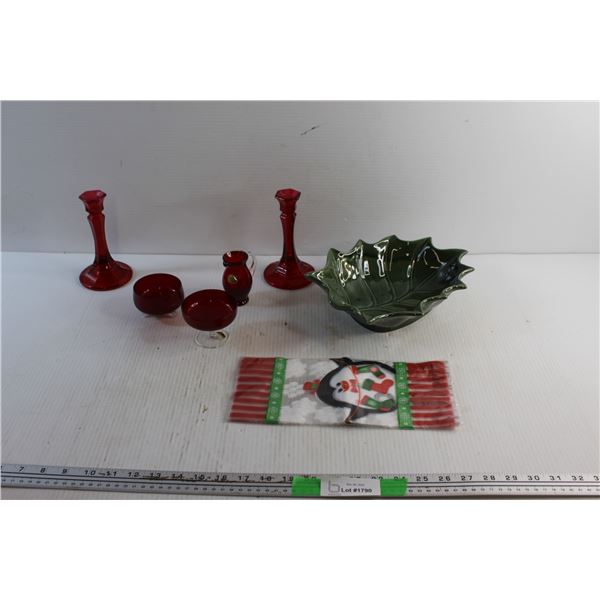 Christmas Gift Bags, Porcelain Bowls and Red Glass Candle Holders & Serving Dishes