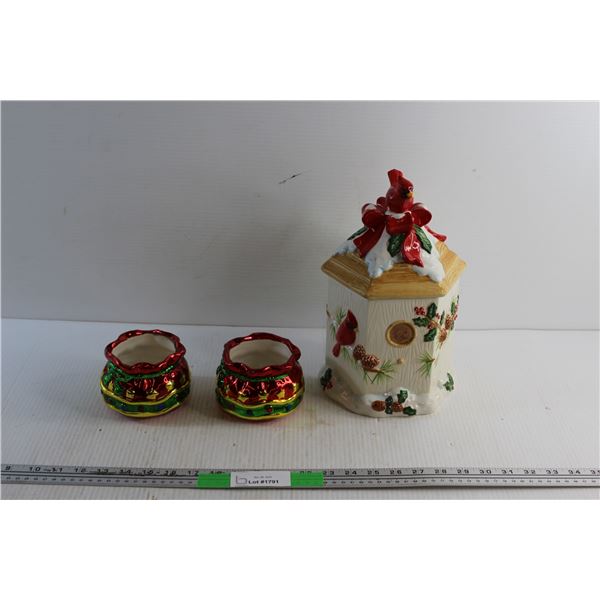 Porcelain Christmas Cookie Jar and (2) Candy Dishes